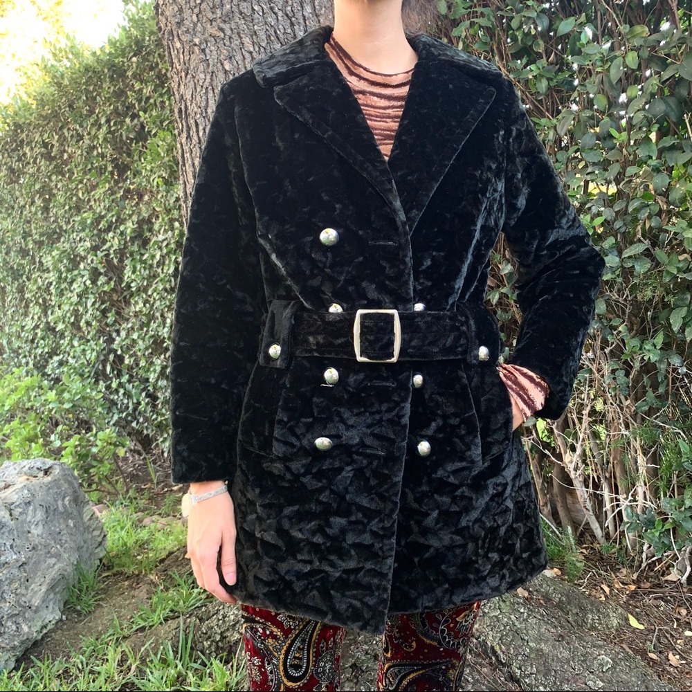 Vintage black velvet trench coat with waist belt